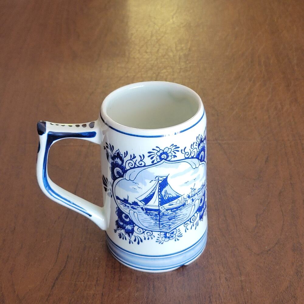 Vintage Delft Blue Handpainted 5" Tall Windmill & Boat Mug Stein Made in Holland
